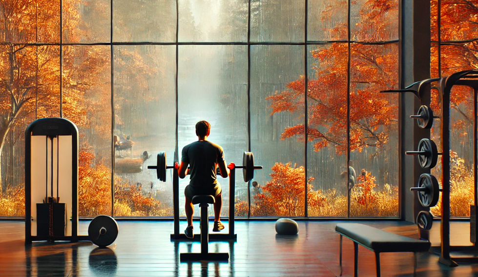 Hombre entrenando en un gimnasio mientras fuera llueve y los árboles están de otoño.